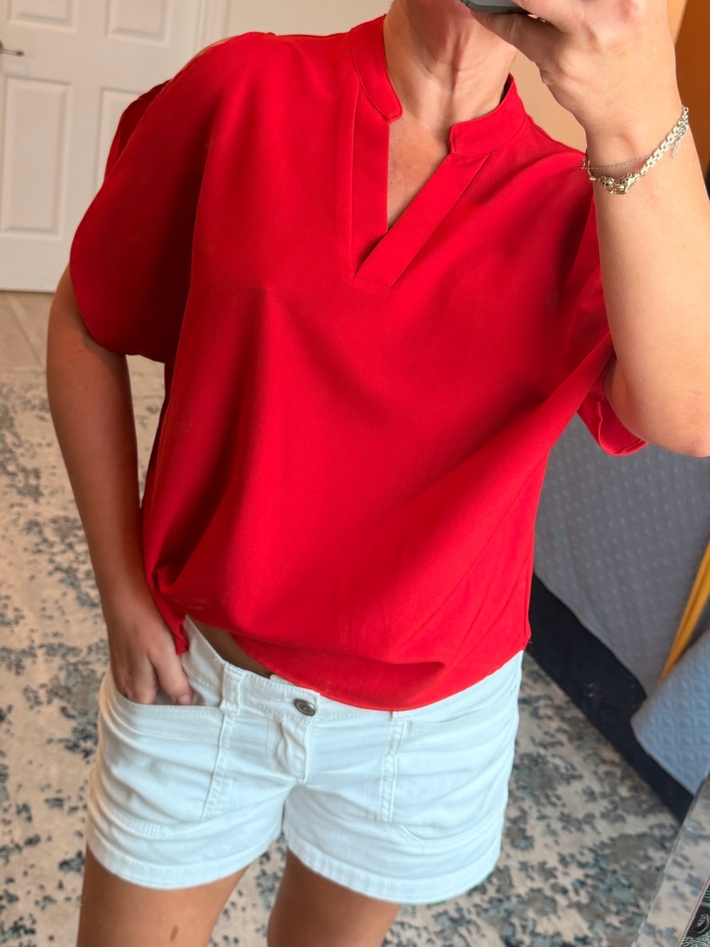 SHEIN Red Notch Neck Short Sleeve Blouse